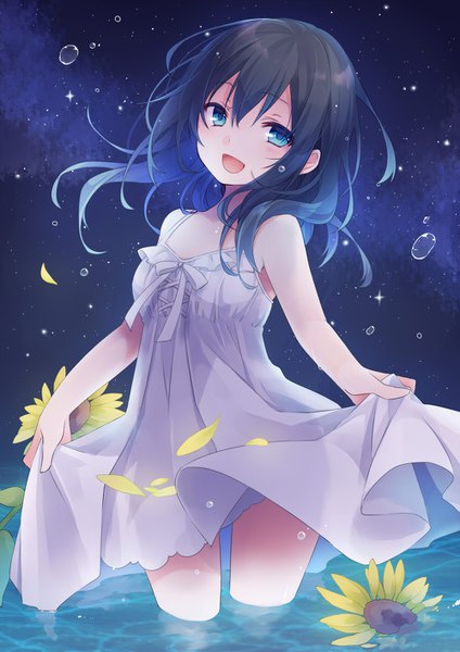 Anime picture 1000x1414 with original moe2018 kuroi (liar-player) single long hair tall image looking at viewer blush fringe open mouth blue eyes black hair smile hair between eyes standing bare shoulders holding outdoors :d wind