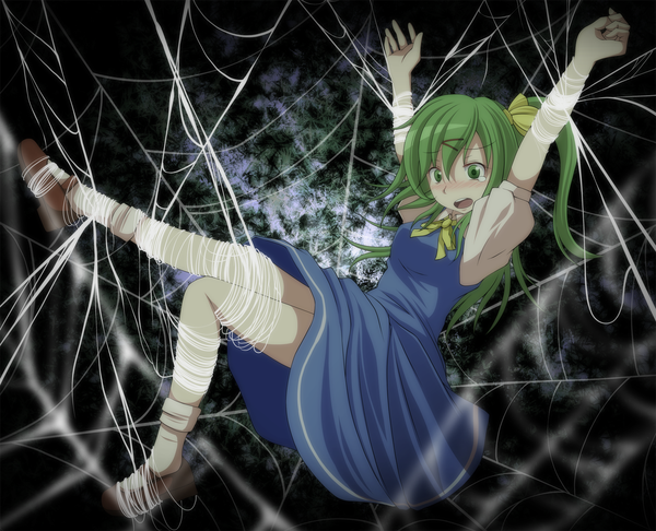 Anime picture 1500x1216 with touhou daiyousei s-syogo long hair blush open mouth light erotic green eyes green hair tears one side up bondage girl spider web