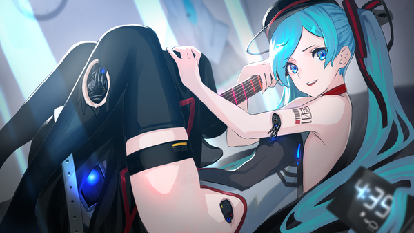 Anime picture 3840x2160 with vocaloid hatsune miku asagon007 single long hair looking at viewer fringe highres open mouth blue eyes light erotic smile wide image twintails bare shoulders holding payot absurdres bent knee (knees) head tilt