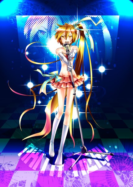 Anime picture 1295x1812 with vocaloid akita neru caffein single tall image looking at viewer blonde hair yellow eyes full body very long hair side ponytail checkered floor girl ribbon (ribbons) microphone microphone stand