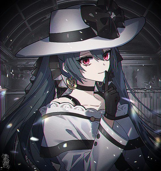 Anime picture 900x953 with vocaloid project voltage hatsune miku dark miku (project voltage) soha blan single long hair tall image fringe black hair hair between eyes red eyes twintails upper body finger to mouth girl gloves hat earrings choker
