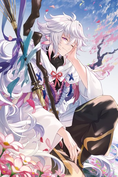 Anime picture 800x1200 with fate (series) fate/grand order merlin (fate) michi (iawei) single long hair tall image looking at viewer fringe smile hair between eyes sitting purple eyes payot sky cloud (clouds) bent knee (knees) outdoors white hair head tilt