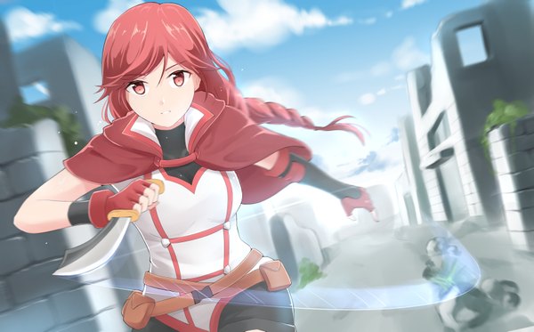 イラスト 1639x1019 と 灰と幻想のグリムガル a-1 pictures yume (grimgar) ucukrtz ソロ 長髪 カメラ目線 赤い目 wide image 赤髪 三つ編み 女の子 手袋 武器 指なし手袋 短剣