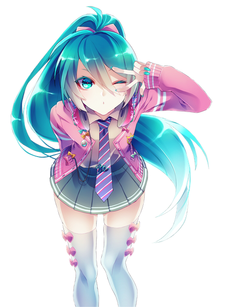Anime picture 1536x2046 with project diva project diva f vocaloid hatsune miku 1055 single long hair tall image looking at viewer fringe hair between eyes payot ponytail nail polish pleated skirt one eye closed aqua eyes fingernails wink aqua hair