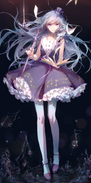 Anime picture 2480x4960 with original moss (2225028) single long hair tall image looking at viewer highres purple eyes blue hair depth of field girl dress pantyhose water frills book (books) microphone musical instrument musical note flute