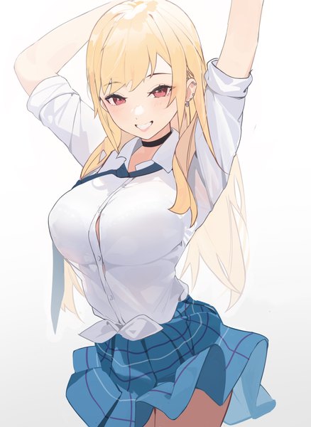 Anime picture 3508x4809 with sono bisque doll wa koi wo suru cloverworks kitagawa marin shenqi de (9) single long hair tall image highres breasts light erotic simple background blonde hair smile red eyes large breasts white background absurdres arms up grin piercing
