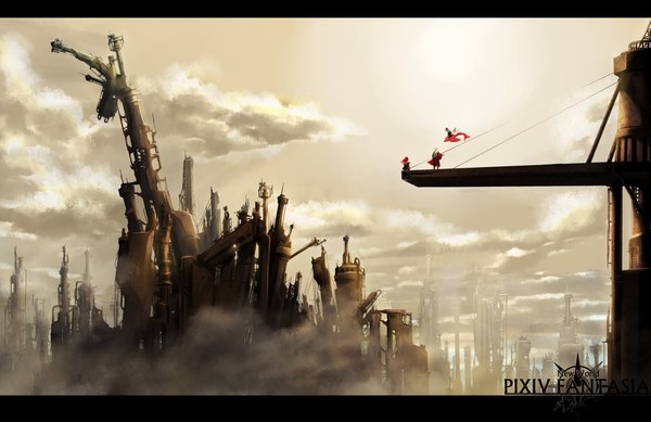 Anime picture 1231x800 with original pixiv fantasia kagrat cloud (clouds) sunlight inscription city letterboxed cityscape flying landscape scenic fog fish (fishes) sun