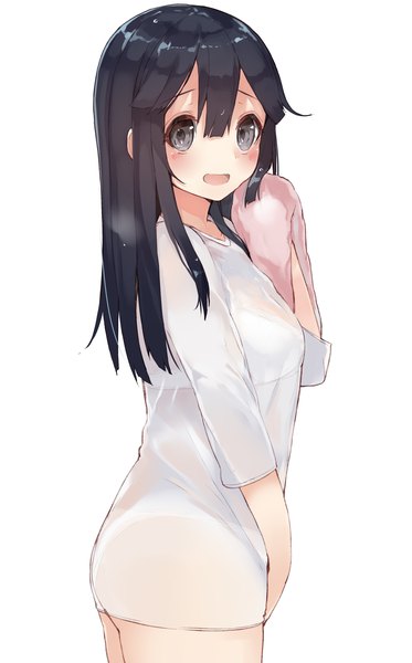 Anime picture 1245x2000 with kantai collection ushio destroyer kou mashiro single long hair tall image looking at viewer blush fringe breasts open mouth light erotic black hair simple background hair between eyes standing white background holding grey eyes girl