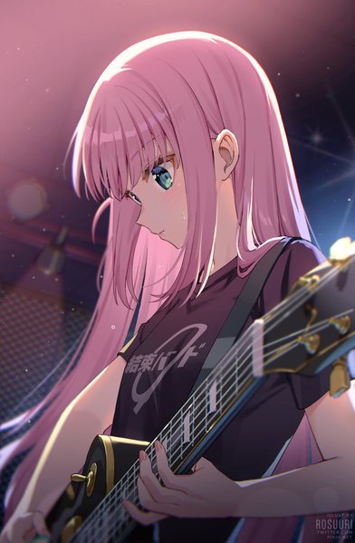 Anime picture 981x1503 with bocchi the rock! cloverworks gotou hitori rosuuri single long hair tall image blush fringe signed looking away pink hair upper body profile aqua eyes sweat light clothes writing playing instrument girl