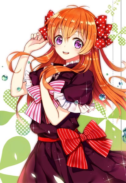 Anime picture 900x1308 with gekkan shoujo nozaki-kun doga kobo sakura chiyo s a~ single long hair tall image blush fringe open mouth simple background ahoge orange hair alternate costume floral print happy polka dot glow girl dress