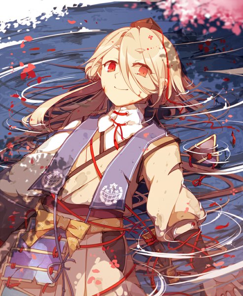 Anime picture 860x1046 with touken ranbu nitroplus ima-no-tsurugi yetworldview kaze single tall image blonde hair smile red eyes looking away very long hair from above partially submerged afloat boy petals water tokin hat