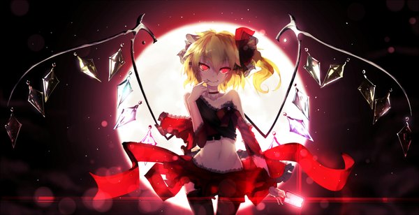 Anime picture 1600x822 with touhou flandre scarlet qys3 single long hair looking at viewer blonde hair red eyes wide image night one side up finger to mouth vampire girl thighhighs skirt bow black thighhighs hair bow wings