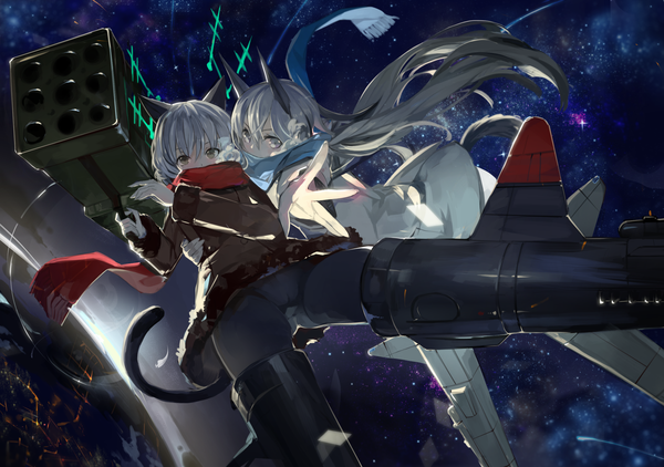 Anime picture 2480x1748 with strike witches sanya v. litvyak eila ilmatar juutilainen saberiii long hair looking at viewer highres multiple girls brown eyes animal ears silver hair tail animal tail grey hair cat ears cat tail silver eyes space girl gloves