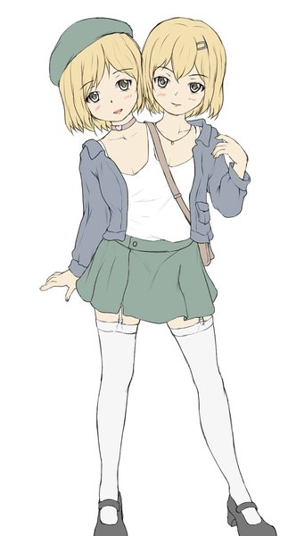 Anime picture 700x1300 with original ftt tall image looking at viewer blush fringe short hair open mouth simple background blonde hair standing white background multiple girls full body open jacket grey eyes high heels zettai ryouiki sketch siamese twins