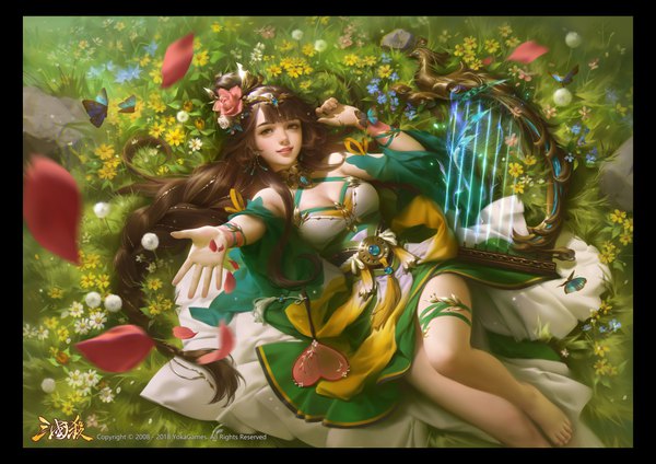 Anime picture 4300x3040 with legend of the three kingdoms zhou fei yuanzi-lin single long hair looking at viewer fringe highres smile brown hair brown eyes payot absurdres cleavage outdoors lying blunt bangs braid (braids) traditional clothes parted lips