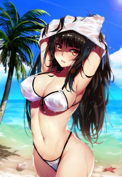 Anime picture 1035x1500 with original bba1985 single long hair tall image looking at viewer breasts light erotic black hair red eyes sky cloud (clouds) outdoors arms up armpit (armpits) wet girl navel swimsuit plant (plants)