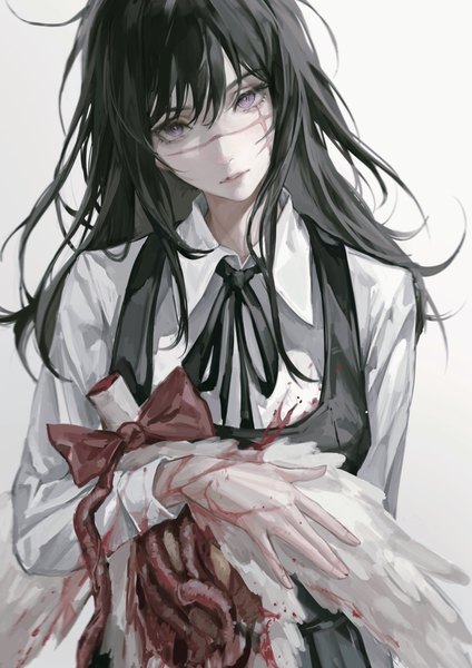 Anime picture 2668x3775 with chainsaw man mappa mitaka asa war devil (chainsaw man) bucky (chainsaw man) deadprince single long hair tall image looking at viewer highres light erotic black hair simple background purple eyes upper body head tilt scar girl bow