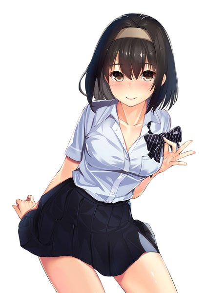 Anime picture 1276x1805 with original kagematsuri single tall image looking at viewer blush fringe short hair light erotic black hair simple background hair between eyes white background sitting brown eyes pleated skirt light smile short sleeves leaning embarrassed