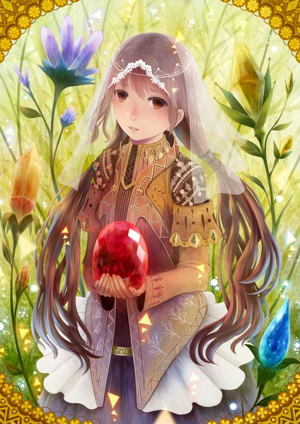 Anime picture 1556x2200 with original bounin single long hair tall image looking at viewer brown hair twintails holding brown eyes light smile framed girl flower (flowers) plant (plants) grass crystal