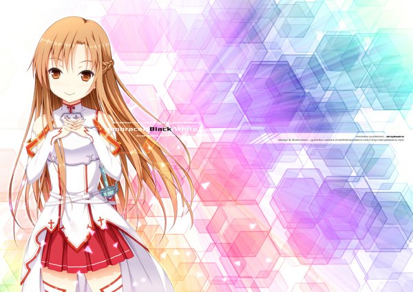 Anime picture 1000x709 with sword art online a-1 pictures yuuki asuna uehara yukihiko single long hair smile brown hair brown eyes pleated skirt inscription girl thighhighs dress