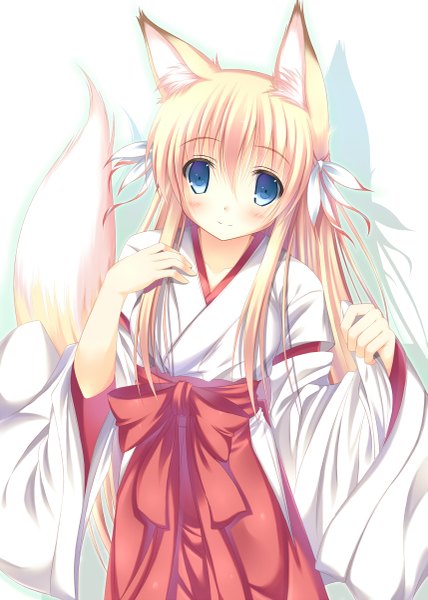 Anime picture 857x1200 with original nozomi tsubame single long hair tall image blue eyes blonde hair animal ears tail traditional clothes japanese clothes animal tail light smile fox ears fox tail miko girl bow ribbon (ribbons) hair ribbon