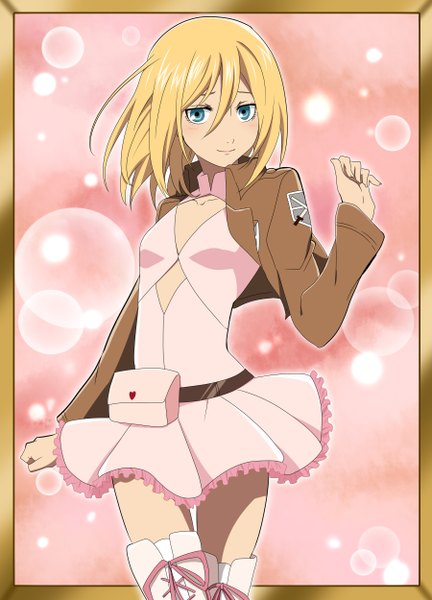 Anime picture 1800x2500 with shingeki no kyojin production i.g krista lenz tagme (artist) single tall image looking at viewer highres short hair breasts blue eyes blonde hair smile open clothes open jacket flat chest pink background girl skirt ribbon (ribbons)