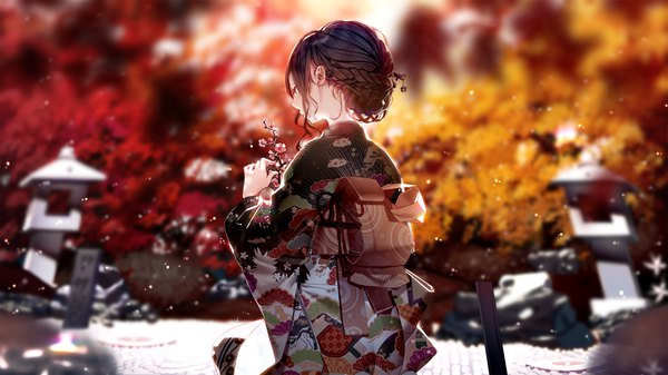 Anime picture 4096x2304 with original visions atha (leejuiping) single fringe highres short hair red eyes brown hair wide image sitting holding payot looking away absurdres braid (braids) traditional clothes japanese clothes profile from behind