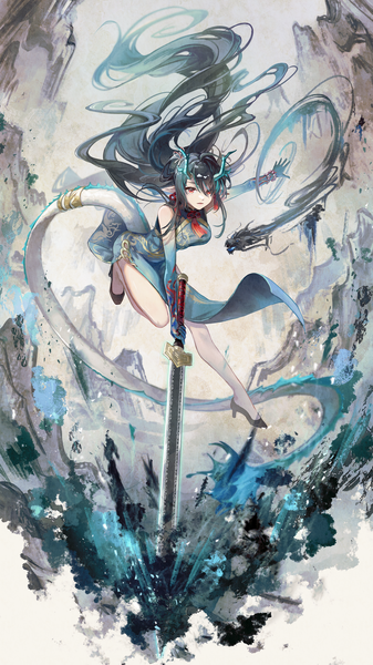 Anime picture 1620x2880 with arknights dusk (arknights) dusk (everything is a miracle) (arknights) kyusoukyu single long hair tall image black hair red eyes full body tail traditional clothes horn (horns) bare legs high heels official alternate costume chinese clothes dragon girl dragon tail girl