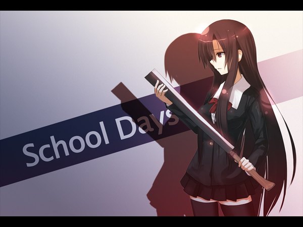 Anime picture 1024x768 with school days katsura kotonoha kakaon long hair black hair yandere girl skirt uniform ribbon (ribbons) weapon school uniform oriental hatchet