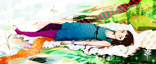 Anime picture 1214x500 with felt (lidsan) single long hair blush brown hair wide image green eyes lying barefoot casual girl dress ribbon (ribbons) plant (plants)