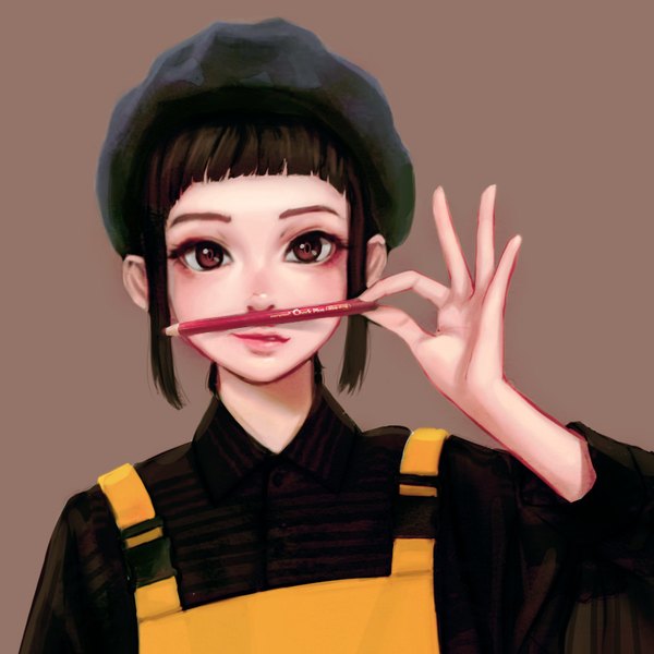 Anime picture 911x911 with original jungon single looking at viewer short hair black hair simple background smile holding brown eyes payot upper body lips portrait eyebrows brown background girl beret pencil
