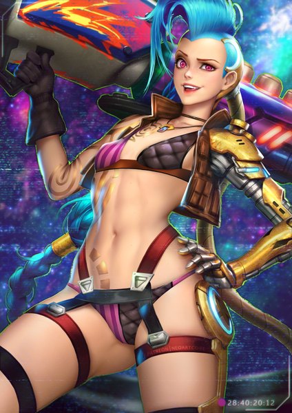 Anime picture 2480x3508 with league of legends jinx (league of legends) nudtawut thongmai single tall image looking at viewer highres open mouth light erotic smile holding blue hair braid (braids) very long hair pink eyes realistic teeth bare belly tattoo alternate costume