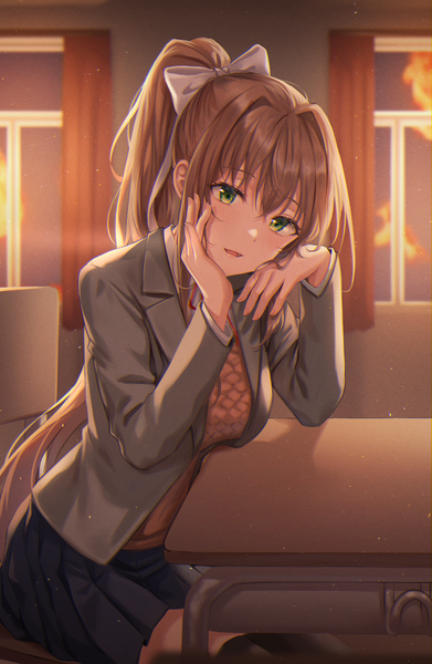 Anime picture 2373x3643 with doki doki literature club monika (doki doki literature club) tokkyu single long hair tall image looking at viewer blush fringe highres open mouth hair between eyes brown hair sitting green eyes payot ponytail long sleeves pleated skirt sunlight