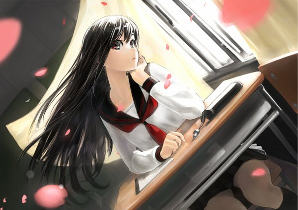 Anime picture 1231x868 with original tagaya6592 long hair black hair red eyes looking away girl petals serafuku window desk