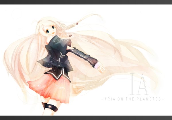 Anime picture 1611x1129 with vocaloid ia (vocaloid) single fringe open mouth simple background white background bare shoulders braid (braids) very long hair aqua eyes twin braids girl dress skirt gloves pink skirt
