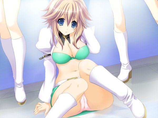 Anime picture 1024x768 with resign (game) blue eyes light erotic blonde hair game cg pantyshot sitting girl underwear panties