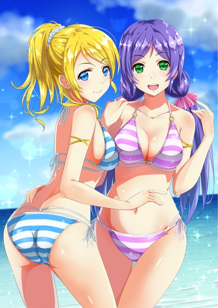 Anime picture 723x1023 with love live! school idol project sunrise (studio) love live! toujou nozomi ayase eli fukuma long hair tall image breasts blue eyes light erotic blonde hair multiple girls green eyes sky purple hair cloud (clouds) girl navel 2 girls