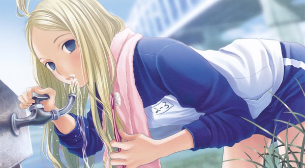 Anime picture 3286x1820 with arakawa under the bridge shaft (studio) nino mino tarou single long hair looking at viewer highres blue eyes blonde hair wide image long sleeves scan depth of field bent over drinking towel around neck sleeves pushed up girl uniform