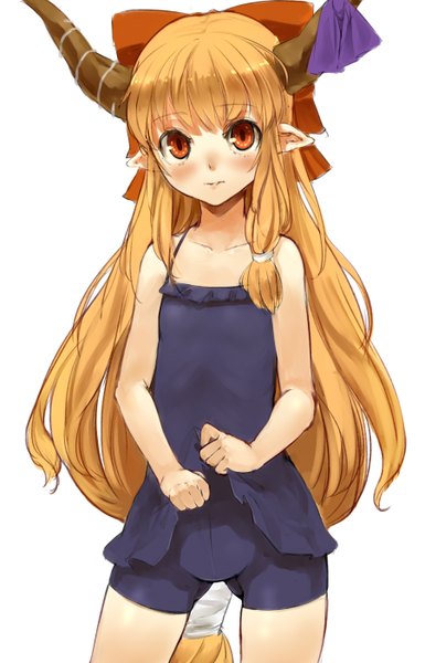 Anime picture 900x1400 with touhou ibuki suika nishiuri (artist) single tall image looking at viewer blush fringe light erotic blonde hair simple background red eyes white background very long hair horn (horns) pointy ears girl bow hair bow shorts