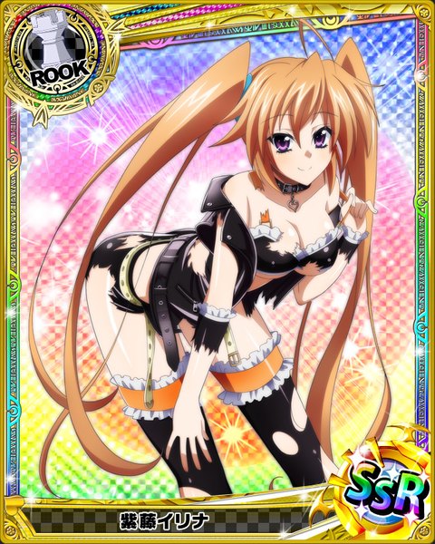Anime picture 640x800 with highschool dxd shidou irina single tall image looking at viewer breasts light erotic smile brown hair purple eyes twintails very long hair open jacket torn clothes card (medium) girl thighhighs skirt black thighhighs detached sleeves