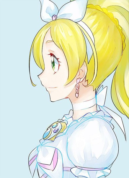 Anime picture 650x891 with precure suite precure toei animation minamino kanade cure rhythm kurochiroko single long hair tall image blonde hair simple background green eyes ponytail profile blue background magical girl girl dress bow hair bow