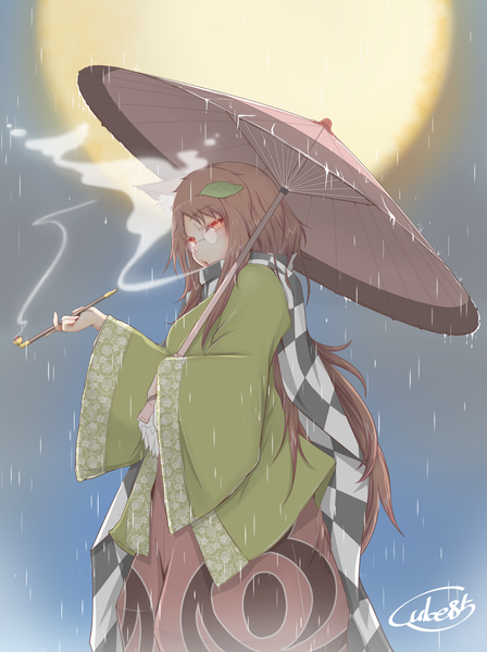 Anime picture 1256x1683 with touhou futatsuiwa mamizou futatsuiwa mamizou (human) cube85 single long hair tall image looking at viewer red eyes brown hair holding signed animal ears long sleeves traditional clothes japanese clothes wide sleeves floral print rain smoking