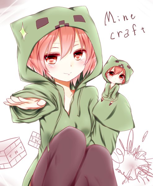 Anime picture 1400x1700 with minecraft creeper misa (kaeruhitode) tall image looking at viewer short hair red eyes multiple girls pink hair chibi personification girl 2 girls hood tnt block (minecraft)