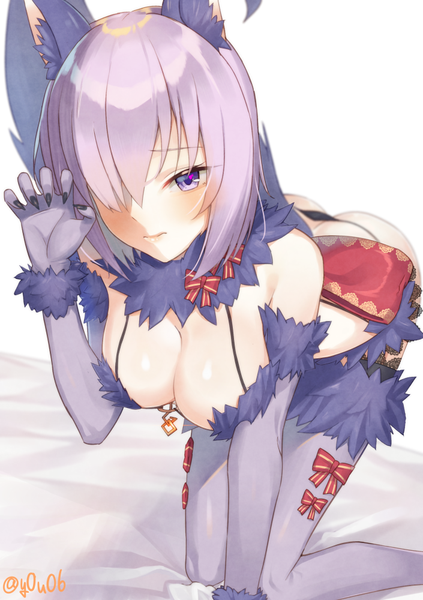 Anime picture 705x1000 with fate (series) fate/grand order mash kyrielight dangerous beast you06 single tall image looking at viewer blush fringe breasts blue eyes light erotic large breasts signed animal ears pink hair hair over one eye fur trim kneeling