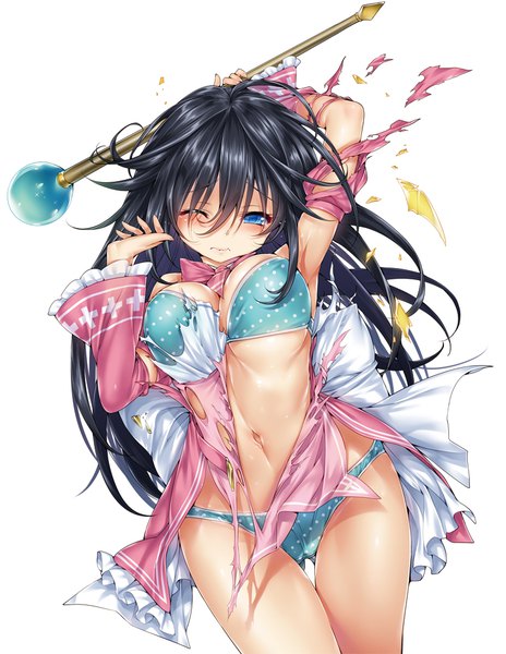 Anime picture 766x990 with netoge no yome wa onna no ko janai to omotta? project no.9 tamaki ako hisashi (nekoman) single long hair tall image looking at viewer blush breasts blue eyes light erotic black hair simple background large breasts white background one eye closed wink torn clothes cameltoe
