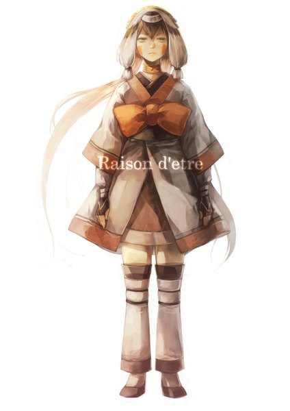 Anime picture 1240x1754 with zektbach li-e (pixiv) single long hair tall image white background twintails full body grey hair grey eyes text face paint french text girl bow