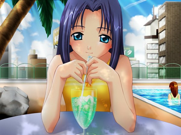 Аниме картинка 1024x768 с o yakusoku love (game) голубые глаза game cg фиолетовые волосы девушка
