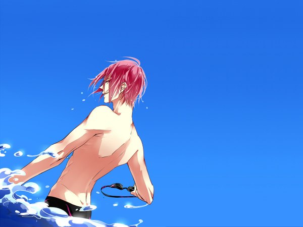 Anime picture 1280x960 with free! kyoto animation matsuoka rin tagme (artist) single short hair simple background smile pink hair sky profile pink eyes from behind wet back blue background boy water goggles splashes