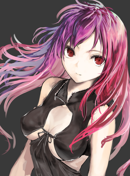 Anime picture 740x1000 with original iori (cpeilad) single long hair tall image looking at viewer breasts light erotic simple background red eyes pink hair red hair multicolored hair light smile grey background gradient hair girl