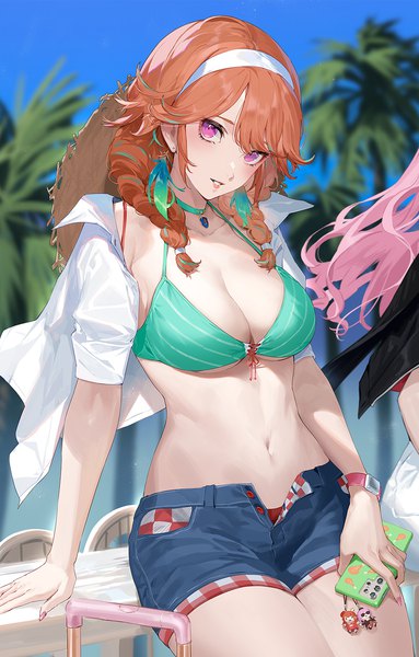 Anime picture 1040x1630 with virtual youtuber hololive hololive english mori calliope takanashi kiara ekao long hair tall image looking at viewer fringe breasts light erotic large breasts standing multiple girls holding pink hair sky outdoors braid (braids)